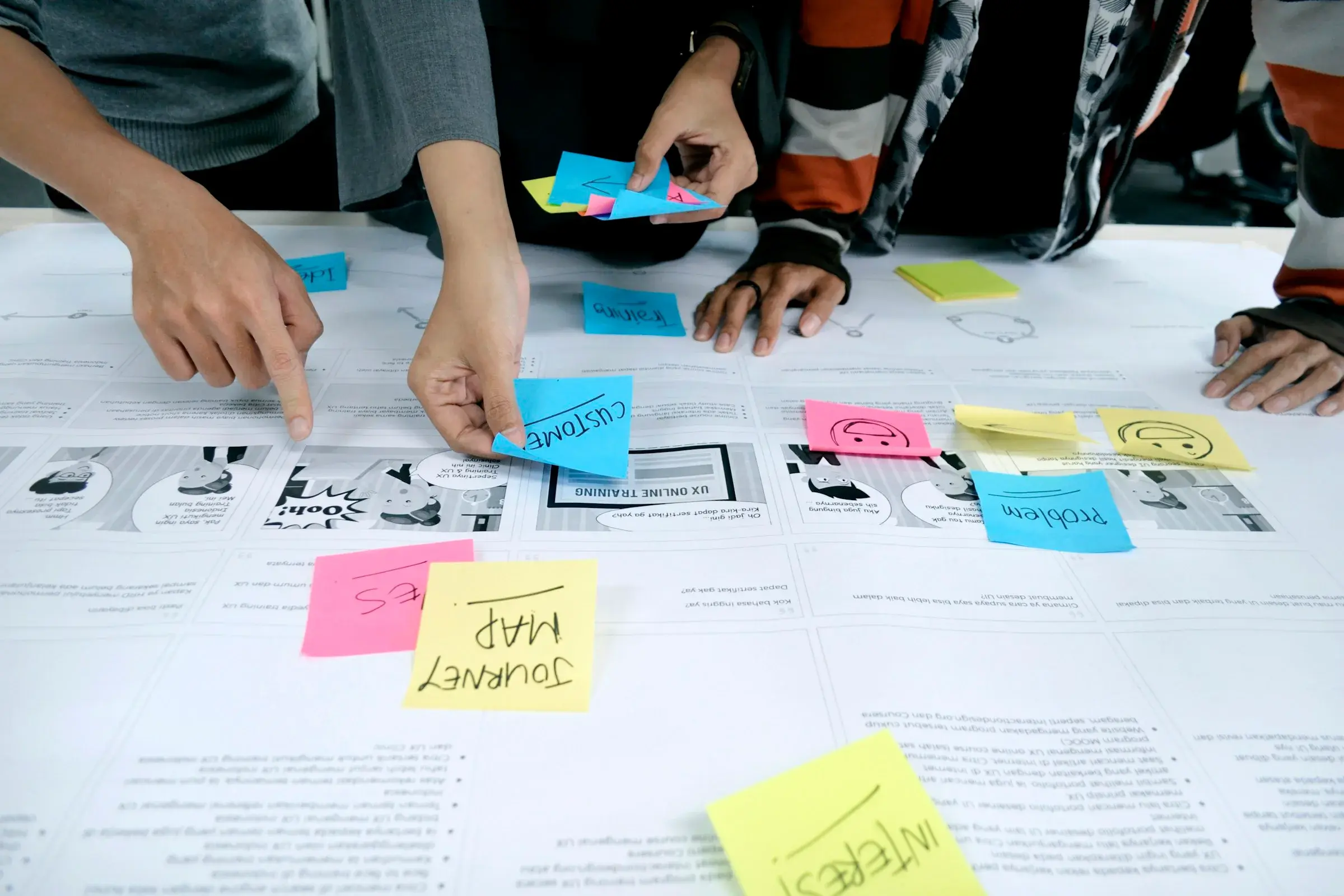 A team planning content with sticky notes on a table