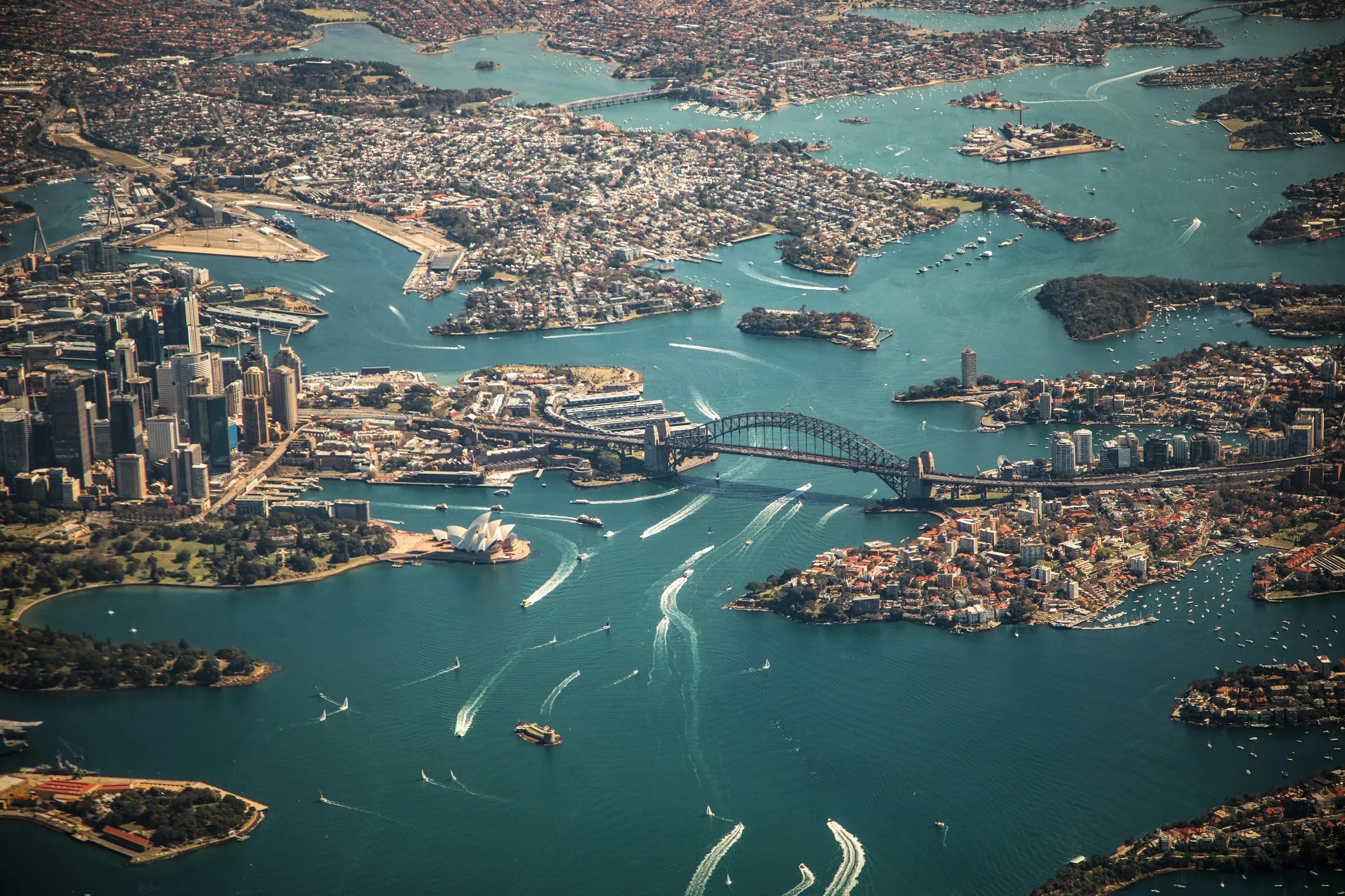 Aerial view of Sydney Harbour with the Harbour Bridge, Opera House and city